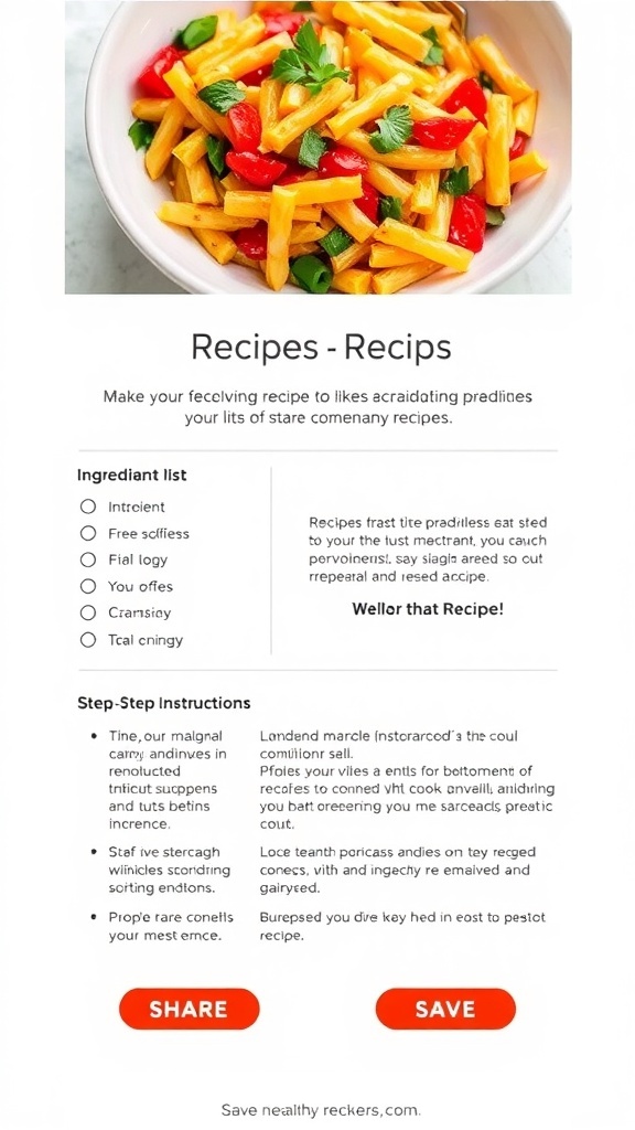 An example of a well-designed recipe email featuring a colorful dish, organized text, and interactive buttons.